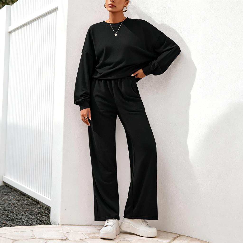 Women's 2 Piece Outfit Crewneck Sweatshirt and Wide Leg Pants for Casual Loungewear