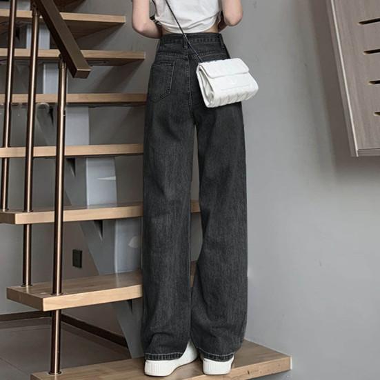 Dames Jeans Hoge Taille Knoopsluiting Ritssluiting Vintage Losse Pasvorm Zakken Rechte Wijde Pijpen Streetwear Broek Dagelijkse Draag Lange Broeken