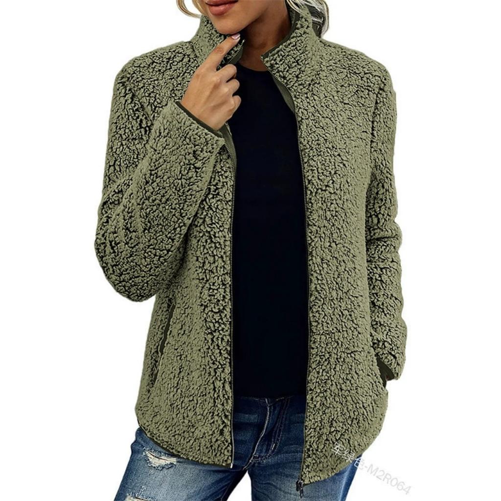 Stehkragen Einfarbiger Pullover Damen Casual Fashion Langarm Reißverschluss Bubble Fleece Jacke