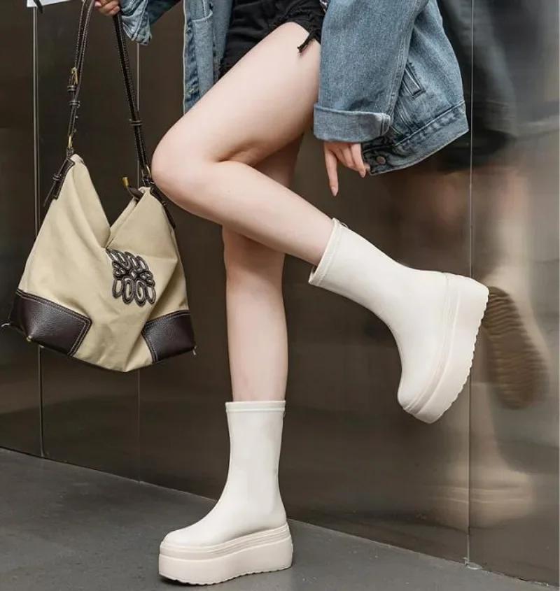 Fashion 8CM 2025 Microfiber Leather Women Vulcanized High Heels White Shoes ZIP Increase Casual Ankle Boots Platform Wedge Shoes