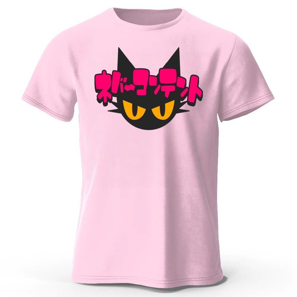 Japanese New Cyberpunk Neon Black Cat Pure Cotton Tshirt Mens Loose Oversized Short Sleeved Tshirt Casual Round Neck Top