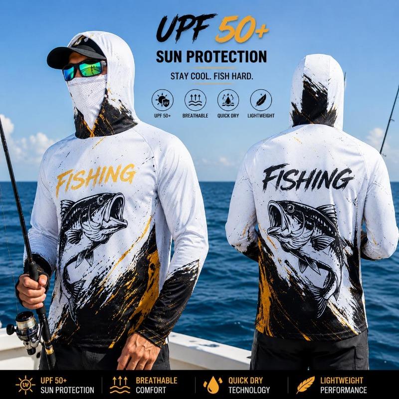 Men's Hooded Fishing Shirt UPF Sun Protection Breathable Long Sleeve Quick Dry Outdoor Angling Jersey With Face Cover