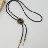 Men's Adjustable Western Bolo Tie Necklace with Antique Black Stone Pendant Charm Leather Cord Necktie Jewelry Accessory