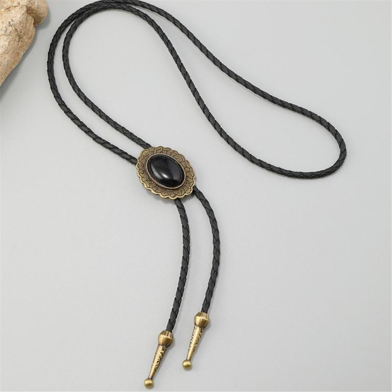 Men's Adjustable Western Bolo Tie Necklace with Antique Black Stone Pendant Charm Leather Cord Necktie Jewelry Accessory