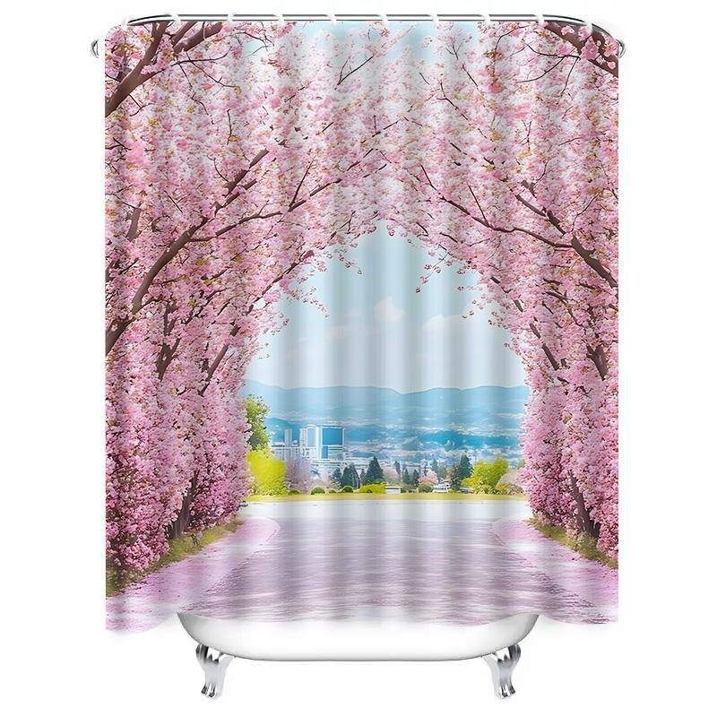 Cherry Blossom Tunnel Shower Curtain—Stunning Nature Scene for Your Bathroom—Romantic and Serene Decor Idea Waterproof Durable