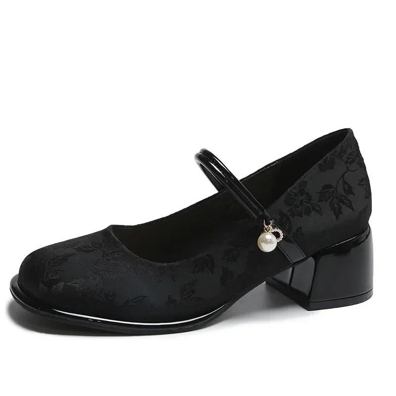 

Женские туфли на высоком каблуке, туфли-лодочки в китайском стиле с вышитыми цветами, элегантные туфли Мэри Джейн с неглубокой подошвой из резины, запатос 34