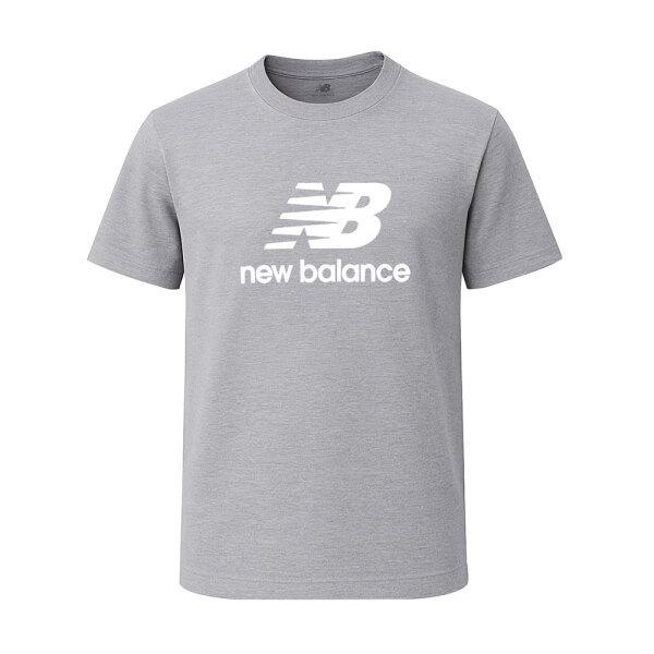New Balance Men S ShorT Sleeve T ShirT Grey eSSenTial STacked Logo mT41502 Ag