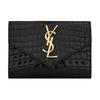Carteira envelope Ysl Cassandre com logo dourado em couro texturizado de crocodilo brilhante, carteira pequena feminina, preta 748463-DND1J-1000