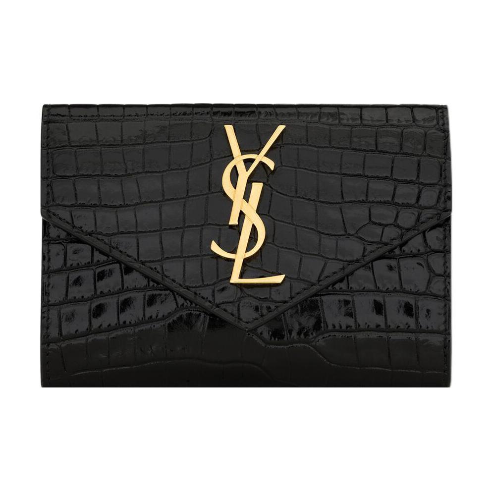 

Saint Laurent Ysl Cassandre Gold Logo Glossy Crocodile Embossed Leather Envelope Wallet Small Women Wallet Black 748463-DND1J-1000 Basic Set (Bag+Dust Bag)