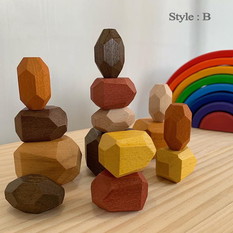 Wooden Stacked Stone Balanced Toy Montessori Education Primary Color Block Stacking Game Nordic Style Rainbow Wooden Toy For Kid