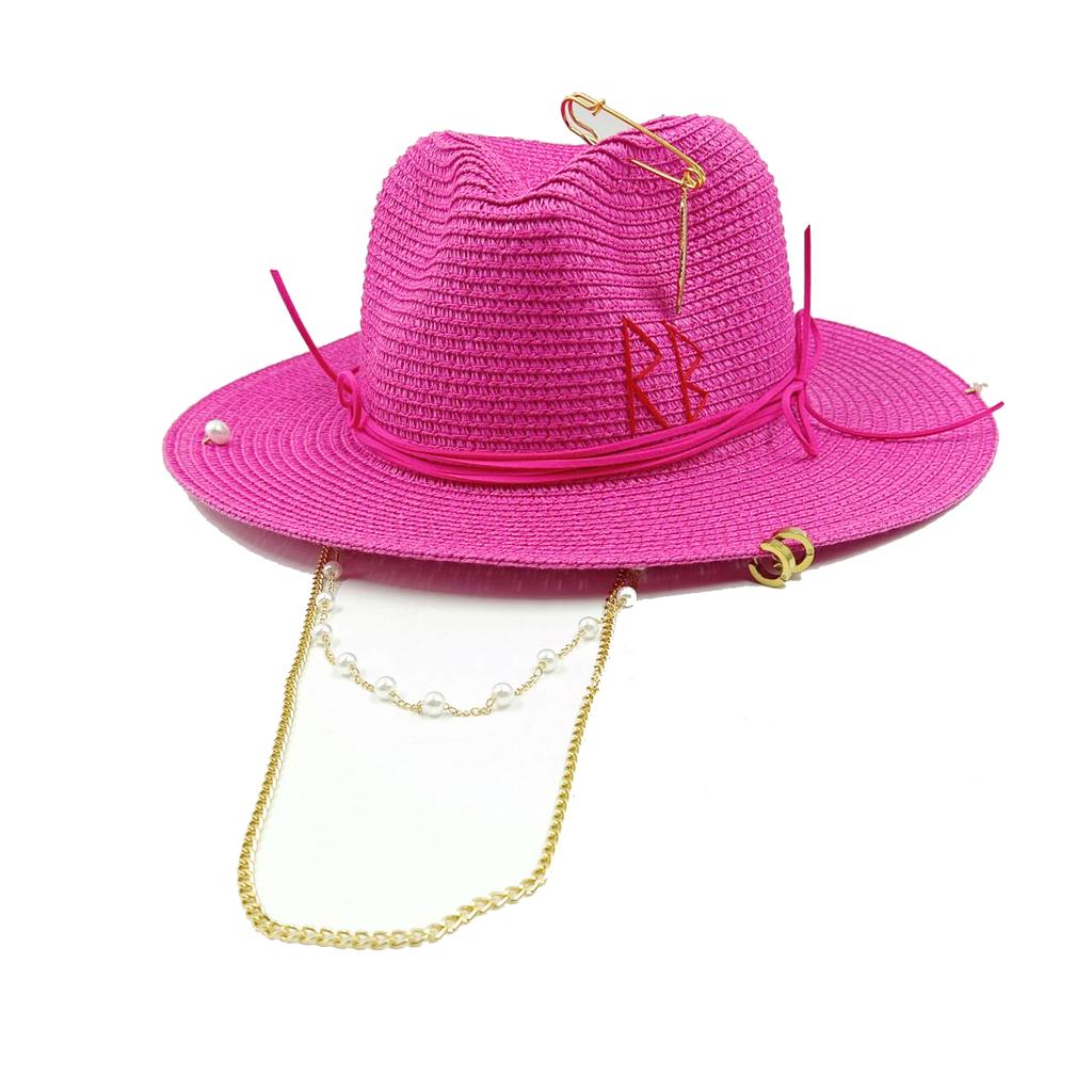 Nuovi Cappelli di Paglia da Donna alla Moda con Ape Metallica Lettera Eleganti per le Vacanze Cappello Boater Estivo a Tesa Piatta Cappello da Sole da Spiaggia