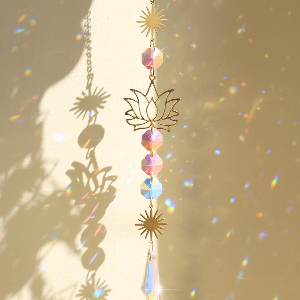 Sun Catcher Crystal Lotus Hanging Crystals Stained Glass Suncatcher Outdoor Decor Rainbow Maker Prism Chakras Garden Decoration