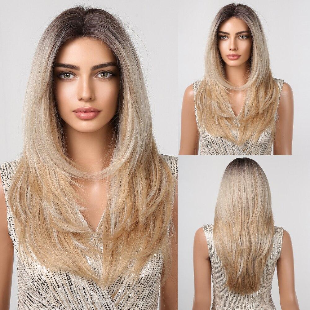 ALAN EATON Ombre Brown Blonde Wave Wigs for Women Synthetic Hand-tied Hairline Part Lace Wig Natural Looking Heat Resistant Wig