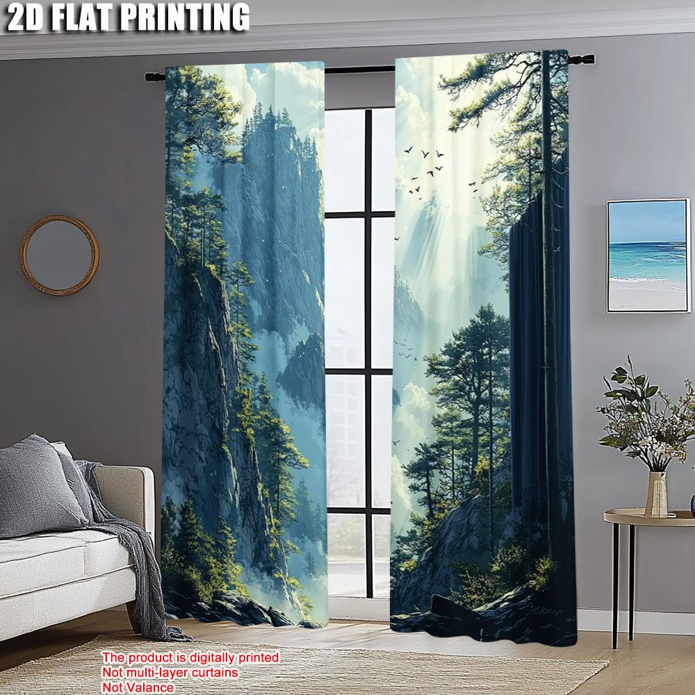Set Of 2 Print Curtains Forest Mountain Scenery Versatile Polyester Without Rod All Seasons Use Bedroom Made Decor Window Treatment