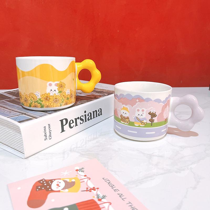 Cute Creative Rabbit Spring Outing Water Cup Drawing Handle Cartoon Ceramic Cup Mug