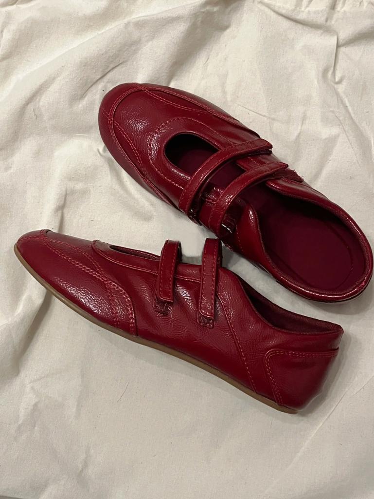 Velcro casual sports shoes women's versatile ballet Mary Jane leather red flat shoes tide