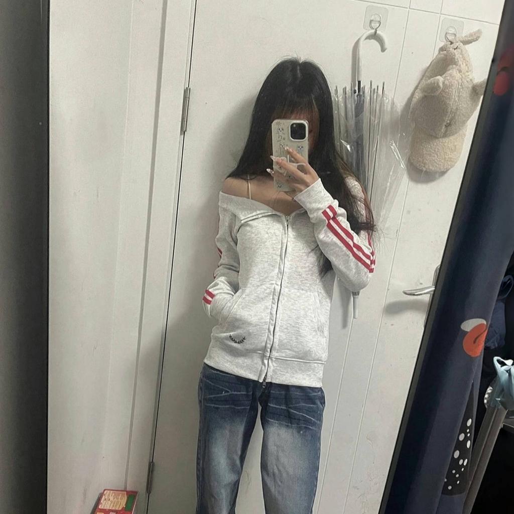 Harajuku Sports Streetwear Classic Tops Fashion Clothing Women Y2K Chic Straight Shoulder Sweatshirts Long Sleeve Jackets Coat