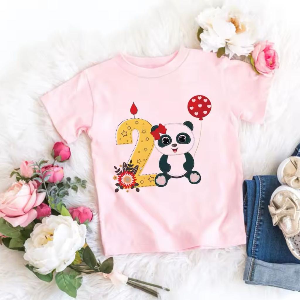 Hotselling Birthday Panda Digital Print Childrens Tshirts Roundneck Shortsleeved Tshirts for Boys and Girls Summer Modal