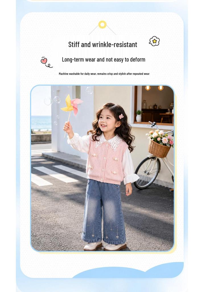 Girls' Spring/Autumn Knit Vest, Lace Shirt, and Rhinestone Denim Pants Set