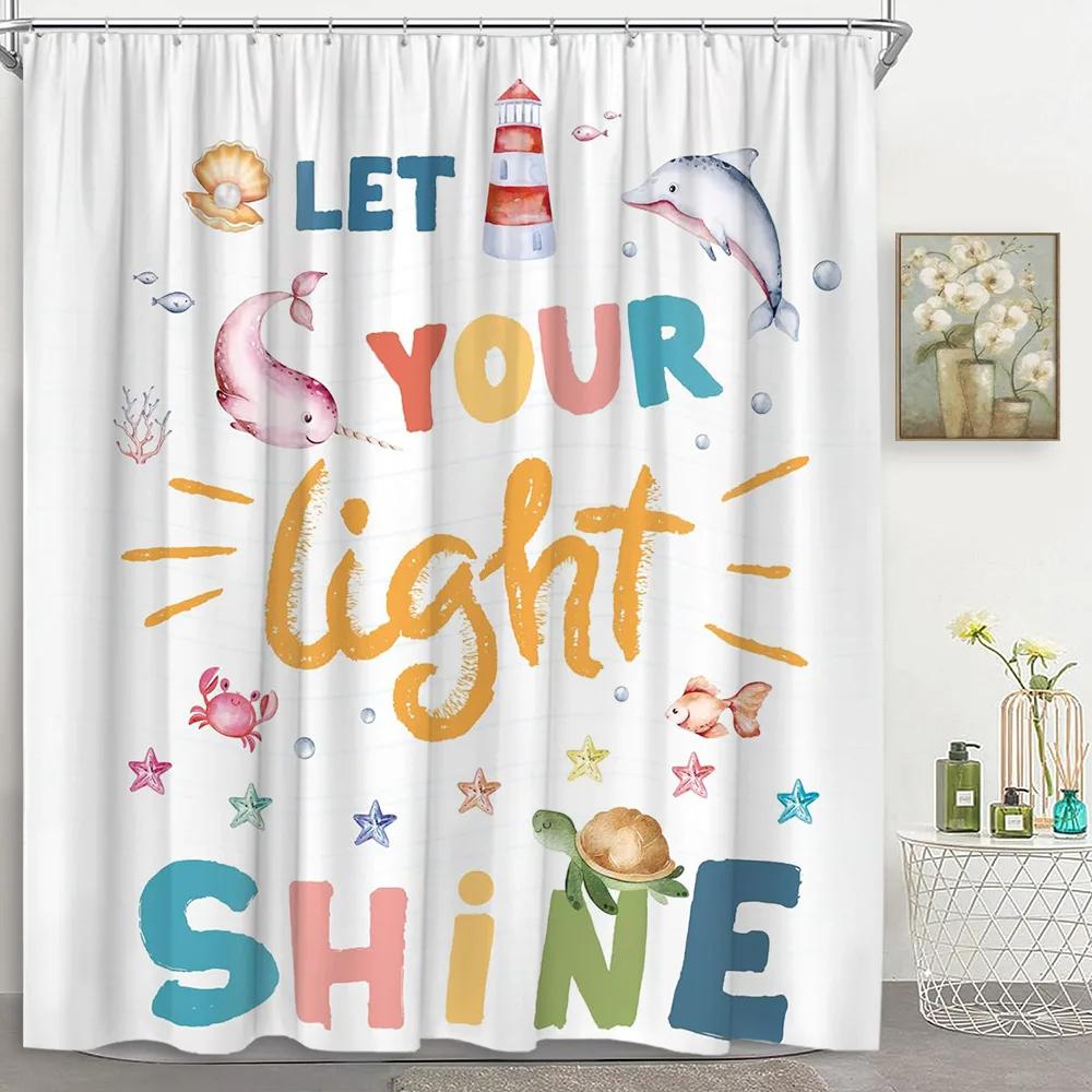 Kids Rainbow Shower Curtain Cartoon Cute Stars Clouds Love Inspirational Quotes Flower Boy Girl Polyester Bathroom Decor Curtain