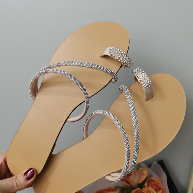 

Sparkling Rhinestone Design Clip Toe Slippers Women Summer Comfort Metal Embellished Brand Shoe Fashion Beach Party Casual Shoes 39 абрикосовый