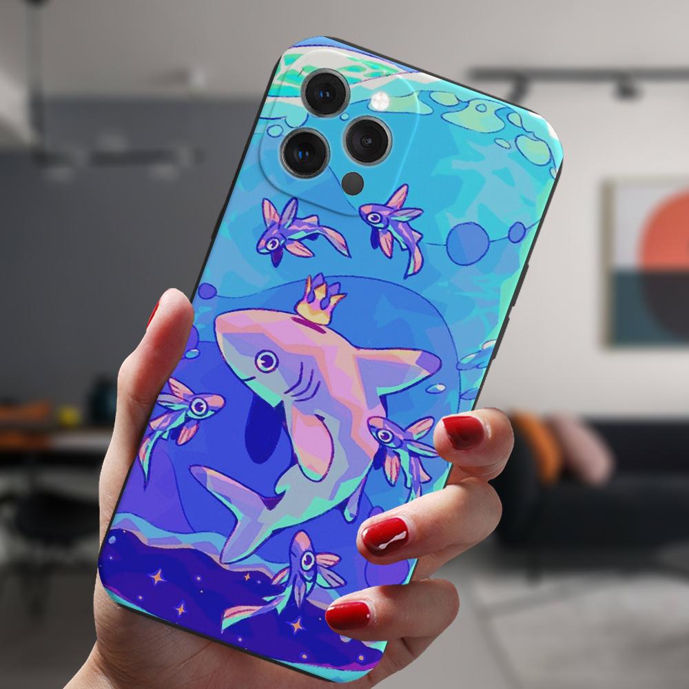 For Iphone 13 11 12 14 Pro Max X Xs Xr Mini 6s 7 8 Plus Xsmax Black Case Cosmic Whale Shark Animal Art Silicone Protective Cover