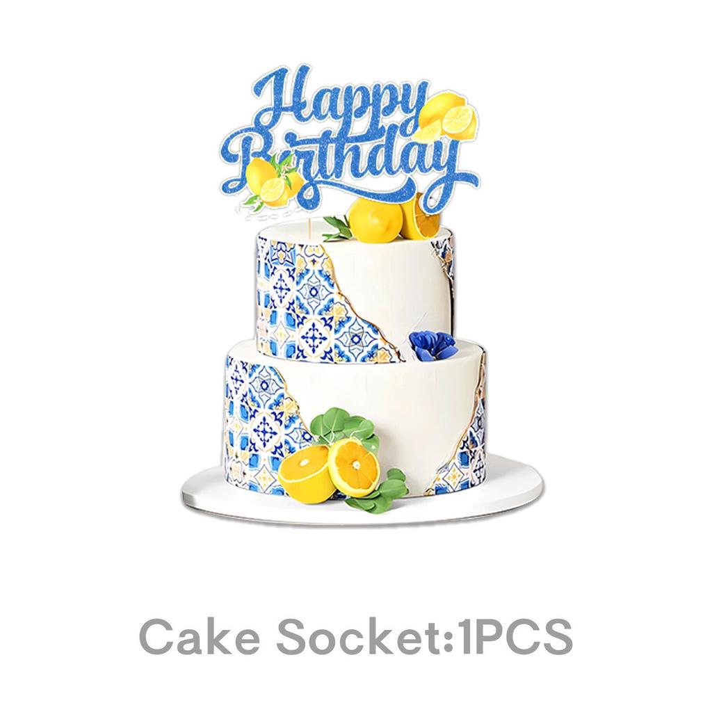 Retro Blue and White Porcelain Lemon-Themed Summer Party Tableware Set - Banner, Paper Plates, and Bunting Decorations