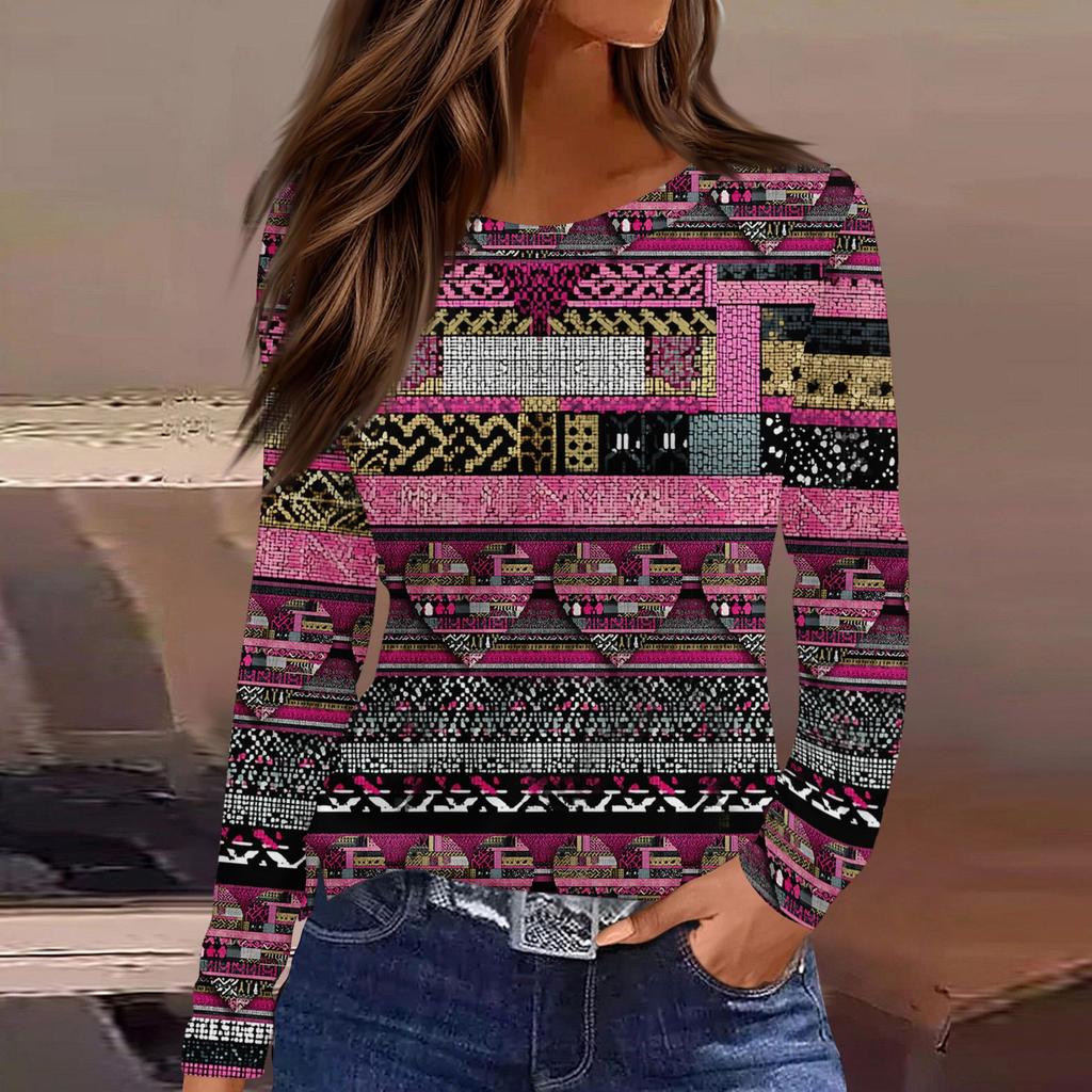 Women's Fashion Casual Slit Hem Round Neck Long Sleeve Loose Printed T-Shirt Ladies Top