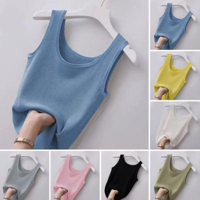 Women Summer Vest O-neck Sleeveless Slim Fit Tank Tops Solid Color Ice Silk Ribbed Pullover Tops Streetwear