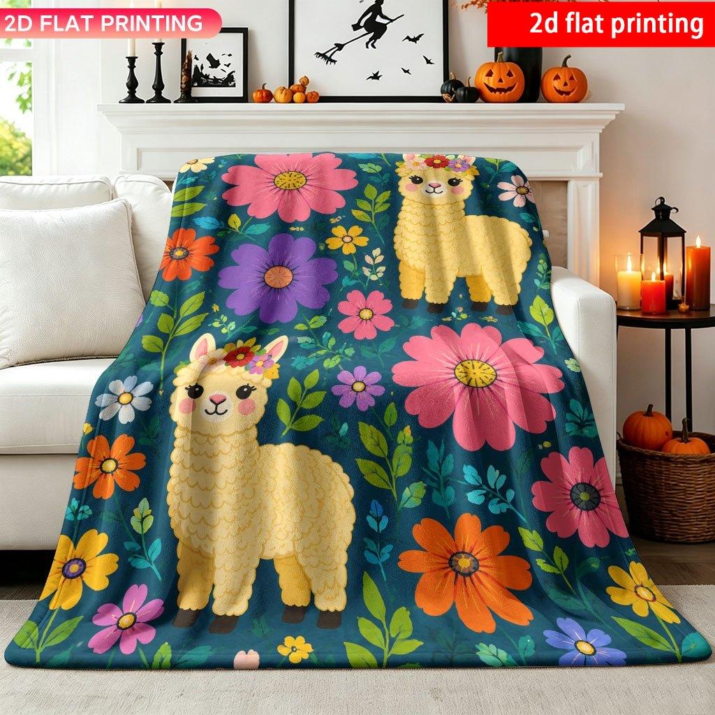 2D Flat Printing 1pc Cute Alpaca Floral Flannel Blanket Single-Sided Printing Soft And Comfortable Suitable for Sofa Home Decor Ai