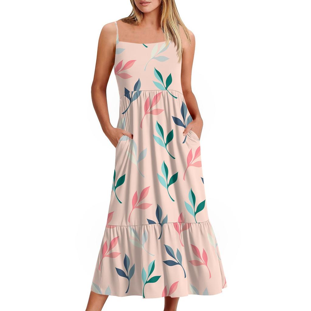 Women's Long Beach Casual Elegant Spaghetti Strap Maxi Dress Floral Low-key Flowing Bohemian Dress
