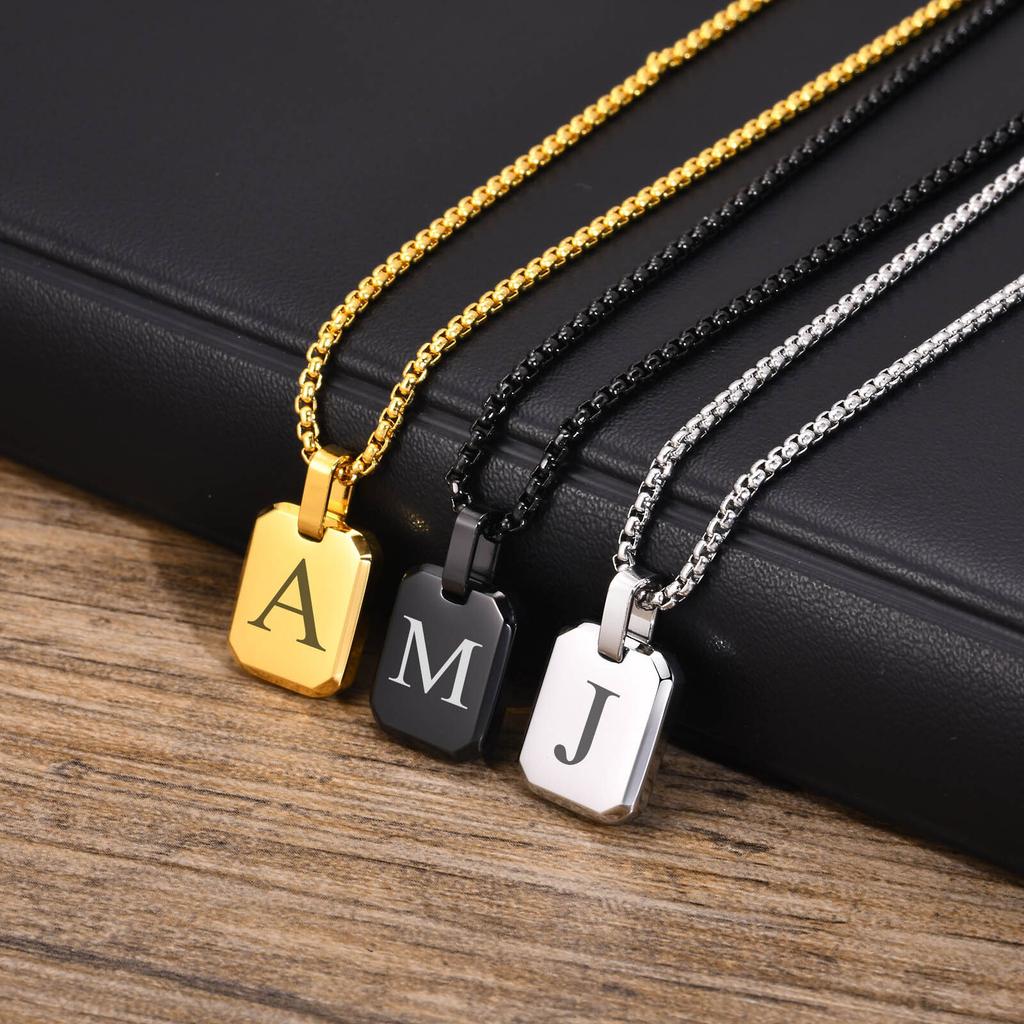 Stylish 26 Letter Necklace for Men Boys, Waterproof Stainless Steel Square Pendant Necklace, Alphabet Initial Collars, Gifts