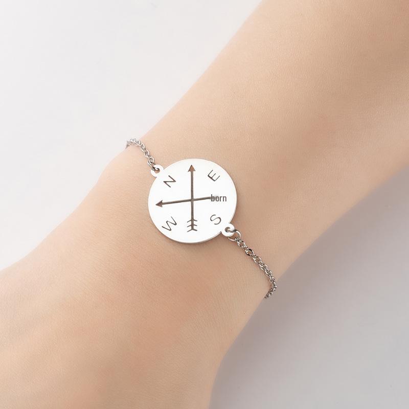 18K Gold Cross & Compass Arrow Pendant Stainless Steel Bracelet