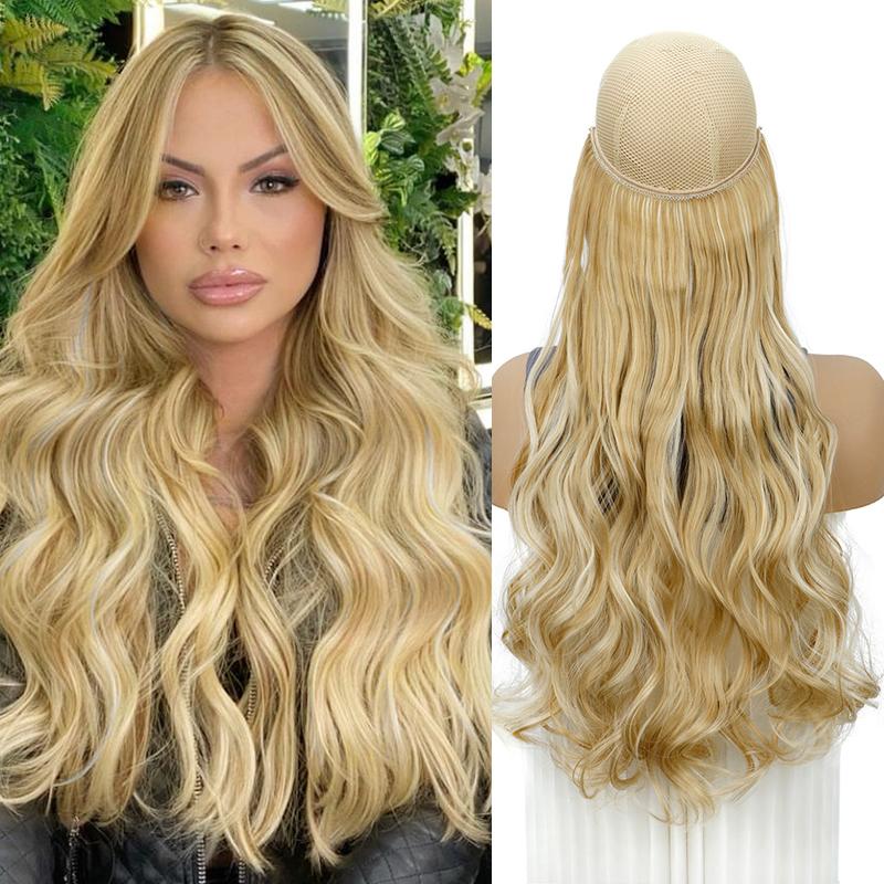 Invisible Wire Hair Extensions 22 Inch Halo Hair Extension Long Wavy Synthetic Hairpiece with Transparent Wire Adjustable Size Clips for Women