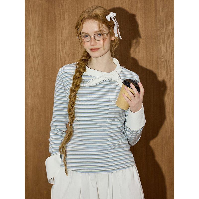 Coolhut Preppy Style Striped Patchwork Versatile Slimming Sweet Girl Top Winter Base Shirt for Women