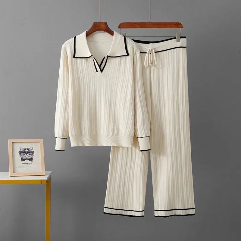 

European and American Cross-Border 2025 Spring and Autumn New Lapel Contrast Color Fashion Casual Set Women High Waist Slimming Knit two piece Apricot color One size