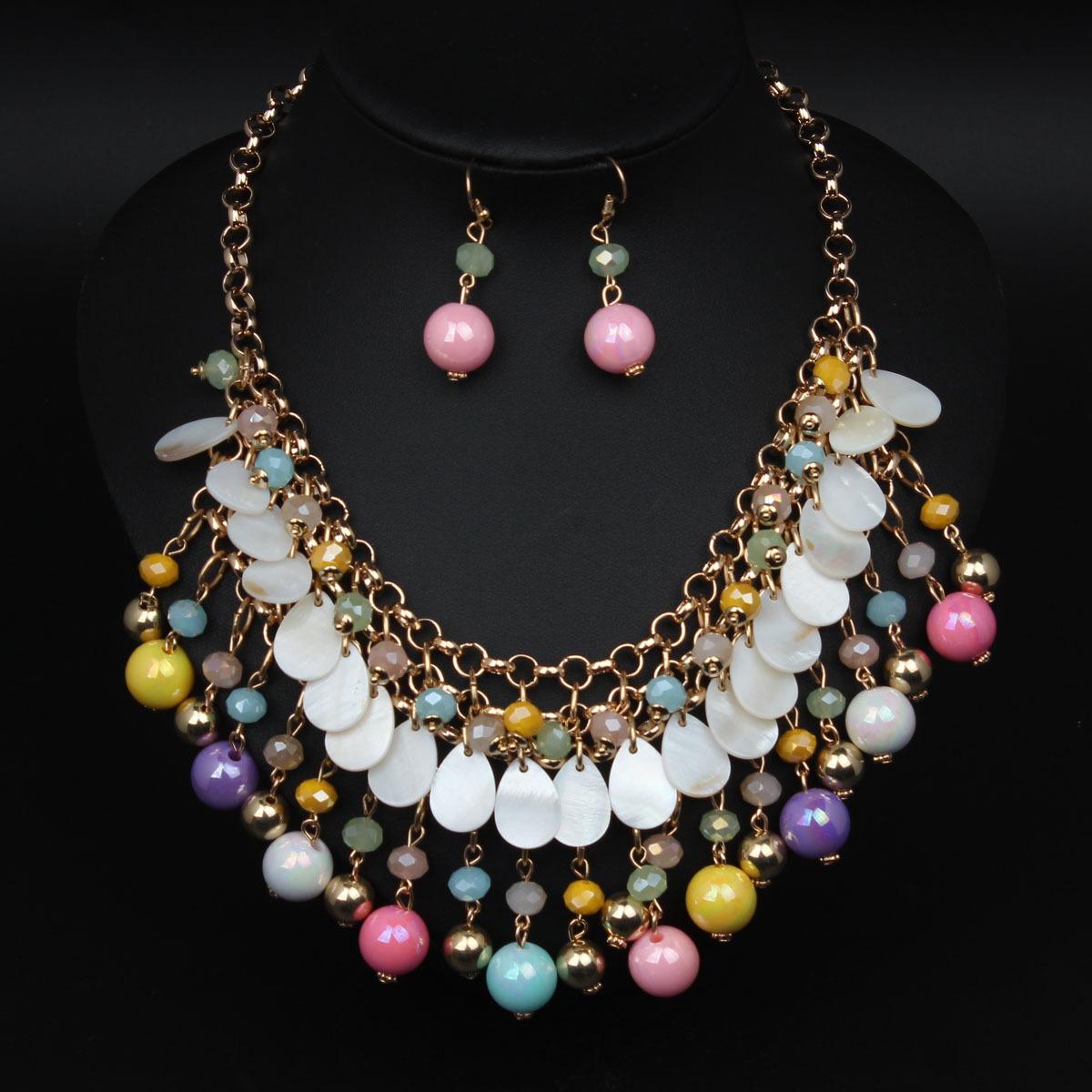 2026 Exaggerated Multi-layer Colored Bead Shell Necklace Earrings Set Femininity, with Accessories 45CM разноцветный