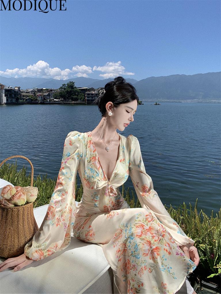 MODIQUE Spring Summer Women Elegant Floral Print Beach Backless Hip Wrap Fishtail Long Dresses Holiday Lady Fairycore Sexy V-Neck Puff Sleeve Dresses
