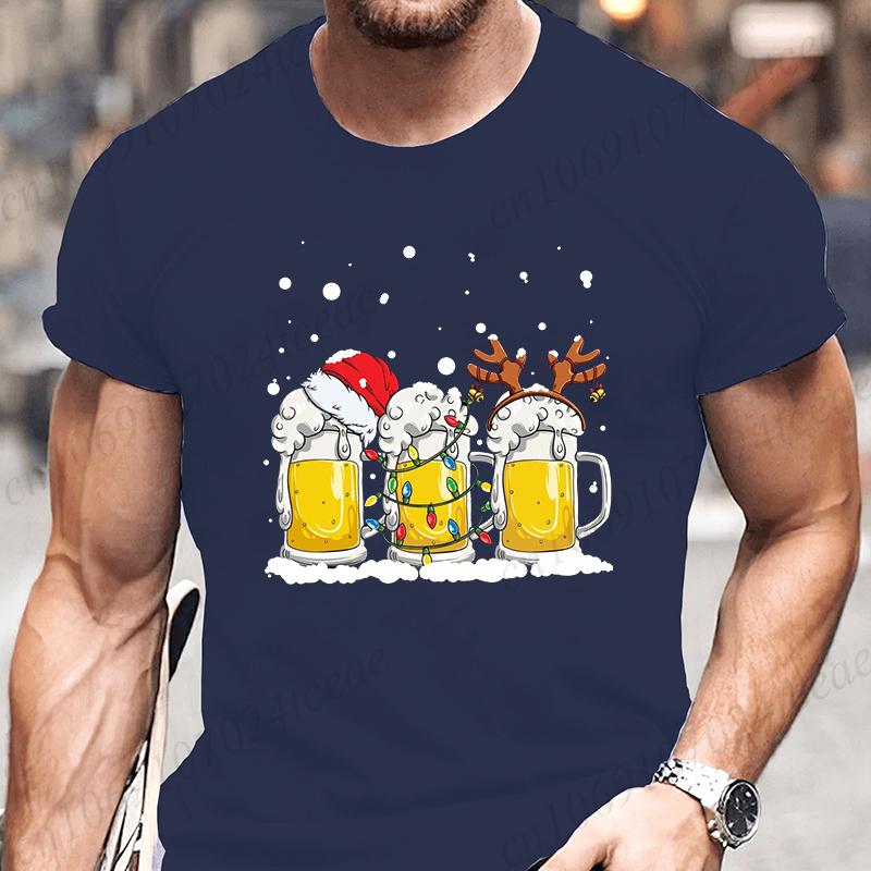 Tshirt Beer Christmas with Santa Reinbeer Xmas Lights Humor T Shirt Camiseta Christmas Party T Shirts Tops Streetwear T-shirts