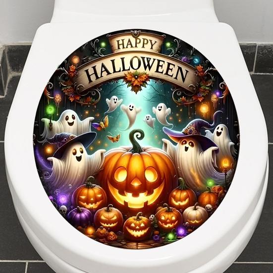 Water Resistant Bathroom Wall Art Happy Halloween Toilet Sticker, Pumpkin Ghost Lid Easy Apply PVC Waterproof Decal for Home Party Decoration Peel And