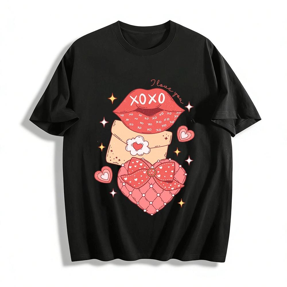 Romantic Heart Envelope XOXO Lip Print Couple Casual Top Pure cotton T-shirt XXS