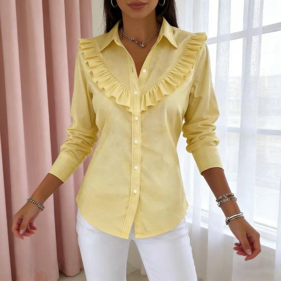Women Shirt Lapel Long Sleeve Ruffle Decor Shirt Tops Pure Color Loose Fit Buttons Placket Casual Shirt Work Party Vacation Wear