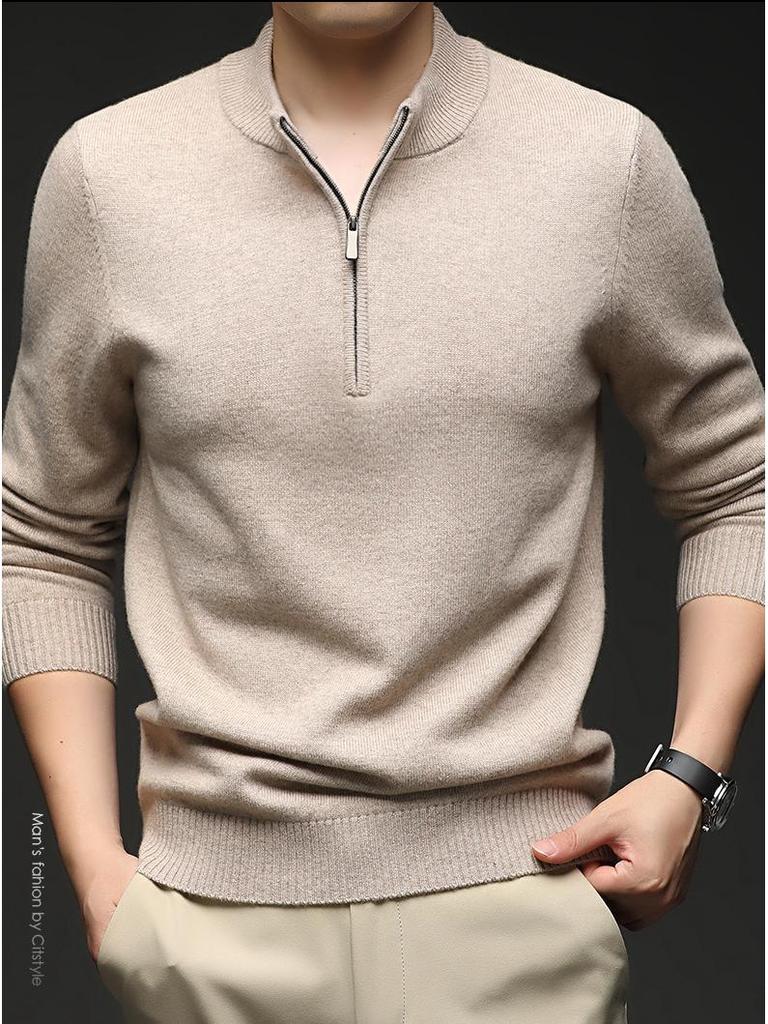 Herren Kaschmir Pullover mit halbem Reißverschluss, dicke Wolle, Langarm, Winter Baselayer