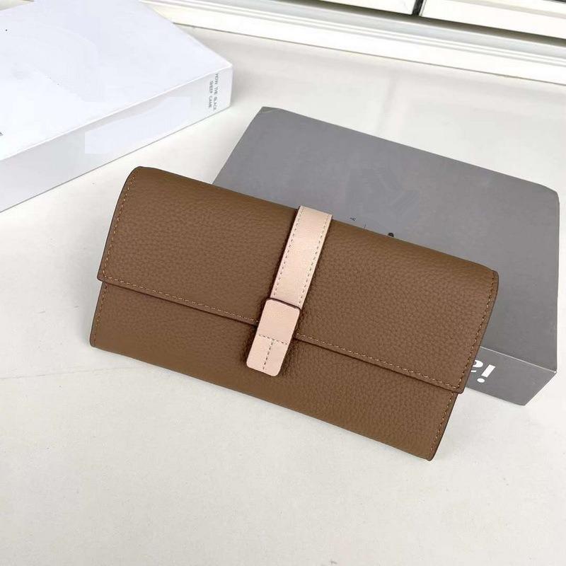 New Genuine Leather Women's Wallet Top Layer Cowhide Lychee Pattern Drawstring Contrasting Color Long Three Fold Bag