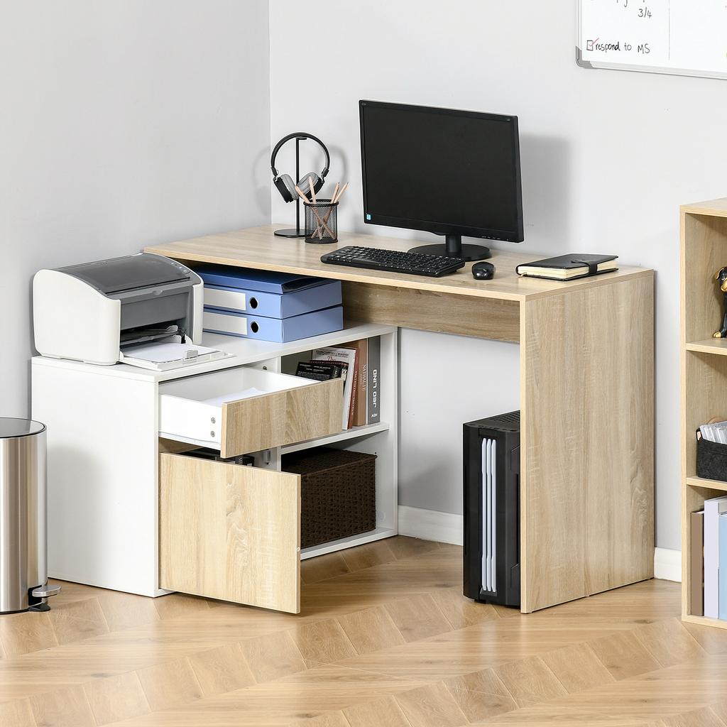 L-förmiger Schreibtisch, Eck-Computertisch mit Schublade, verstellbarem Regal, Schrank für Homeoffice und Arbeitszimmer, 120 x 92 x 75 cm, Eiche und Weiß