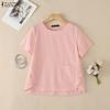 ZANZEA Blusa Feminina Casual Gola Redonda Cor Sólida Manga Curta Soltinha