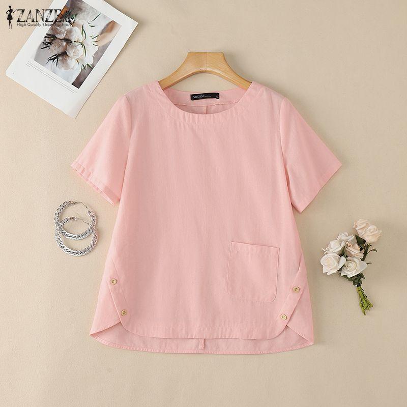 ZANZEA Blusa Feminina Casual Gola Redonda Cor Sólida Manga Curta Soltinha