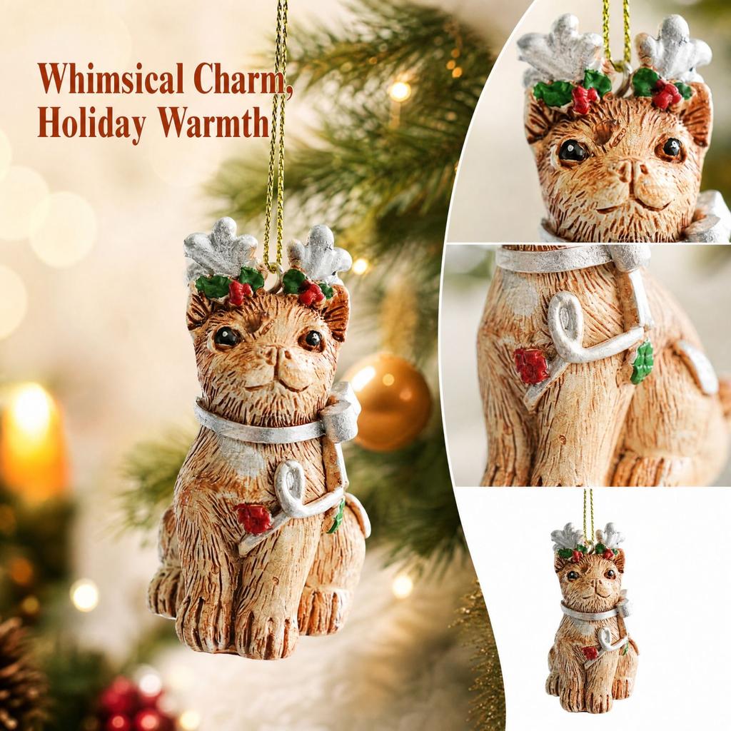 Christmas Resin Dog Shaped Ornament with Antlers and Hat, Hanging Tabletop Decoration for Holiday Home Decor