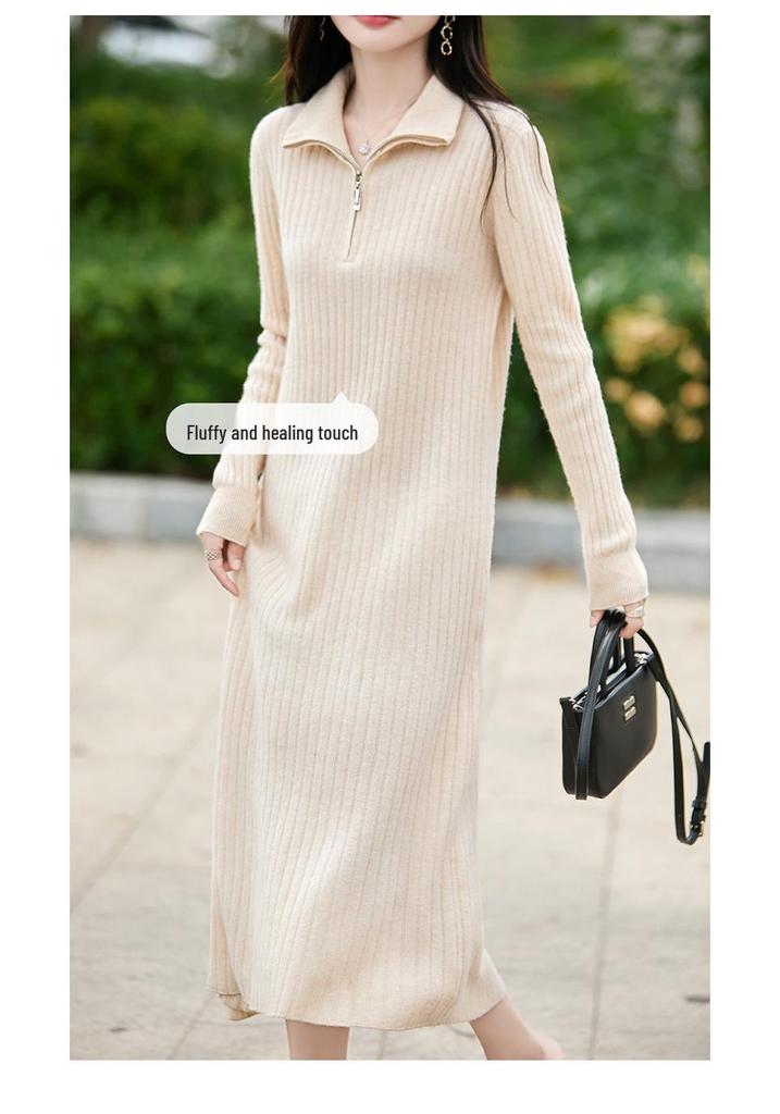 Women's Pure Wool Knit Maxi Dress - Long Sleeve, Half-Zip, Loose Fit, Solid Color, Autumn/Winter Fashion.