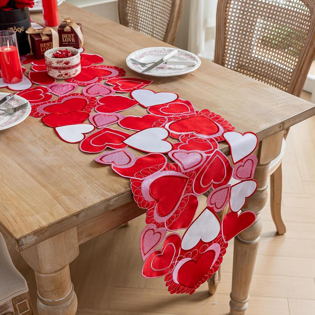 Valentines Day Table Runner, Embroidered Sweet Red Love Heart Table Runners, for Mother’s Day, Wedding Anniversary, Marriage Proposals,